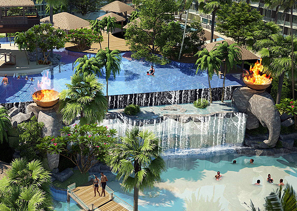Sehr großer Wasserfall ergießt sich in den unteren Pool - The Maldives Jomtien Thailand